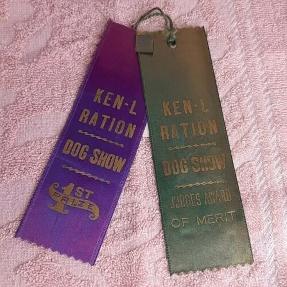 Vtg Ken-L Ration Dog Food Amateur Dog Show Pair of Ribbons 1st Prize & Merit